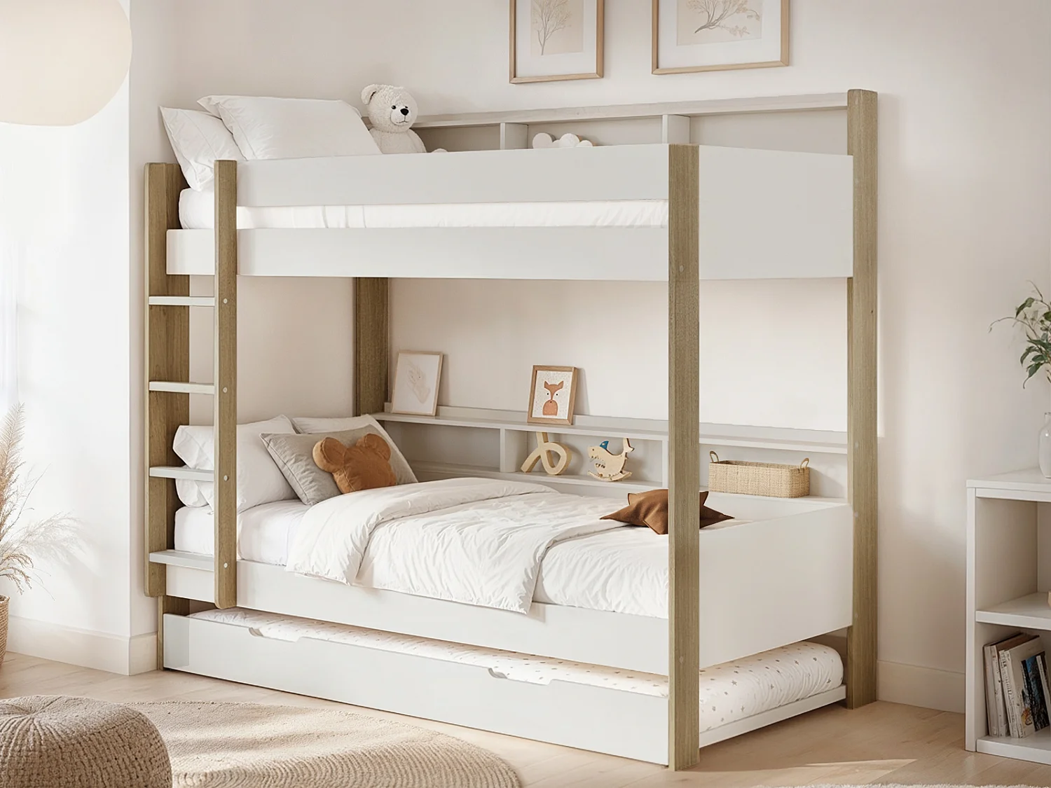 Noomi Bodie Solid Wood Storage Bunk Bed White & Oak