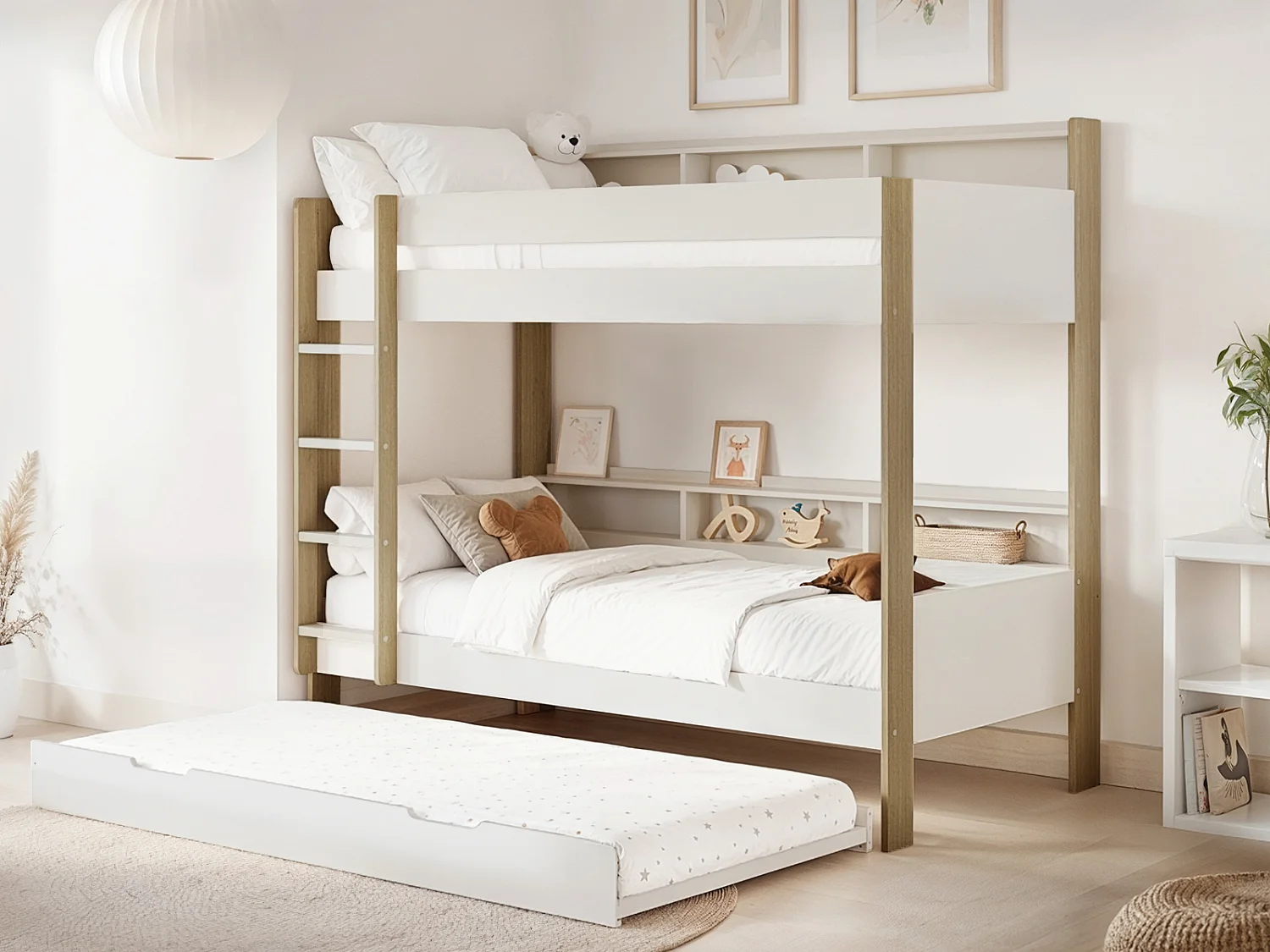 Noomi Bodie Solid Wood Storage Bunk Bed White & Oak