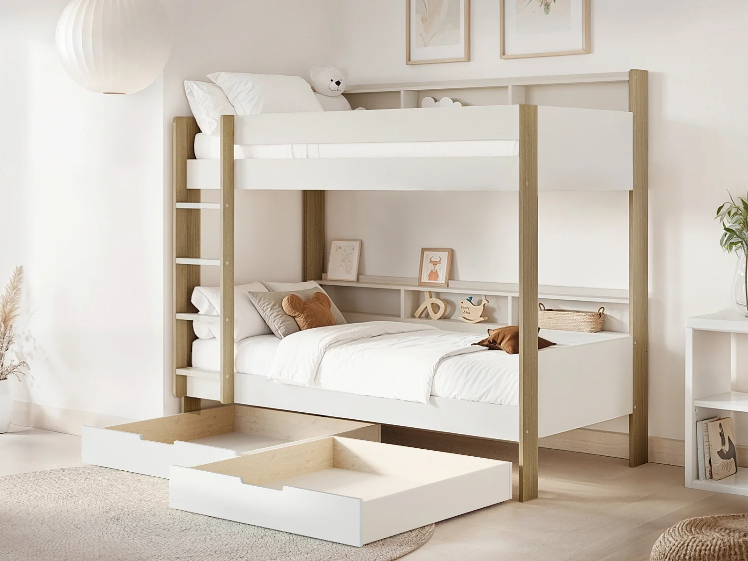 Noomi Bodie Solid Wood Storage Bunk Bed White & Oak