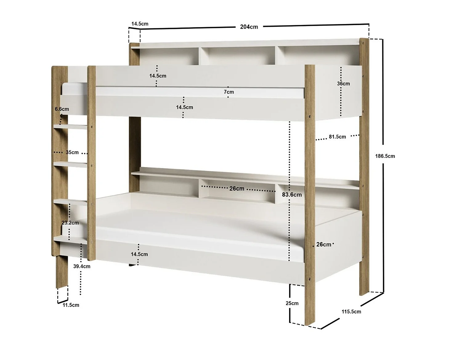Noomi Bodie Solid Wood Storage Bunk Bed White & Oak