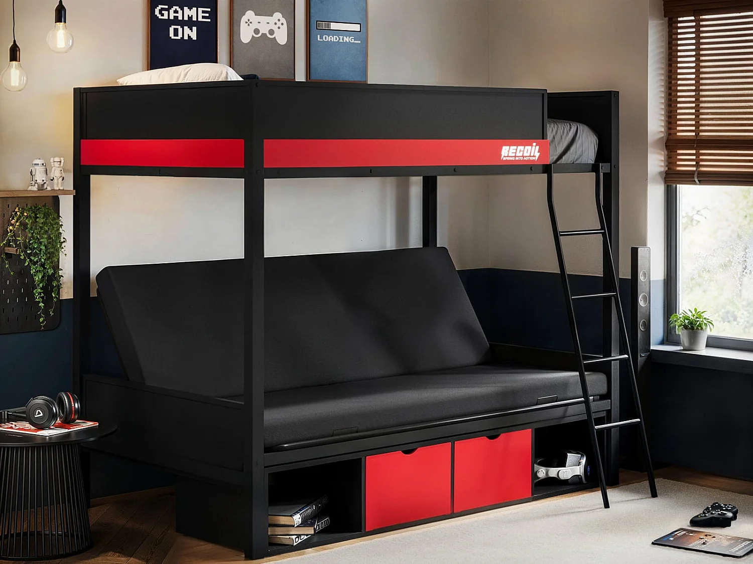 Flair Nova Storage Gaming Metal Bunk with Futon Black & Red
