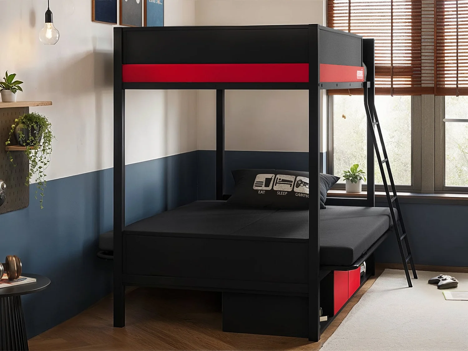 Flair Nova Storage Gaming Metal Bunk with Futon Black & Red