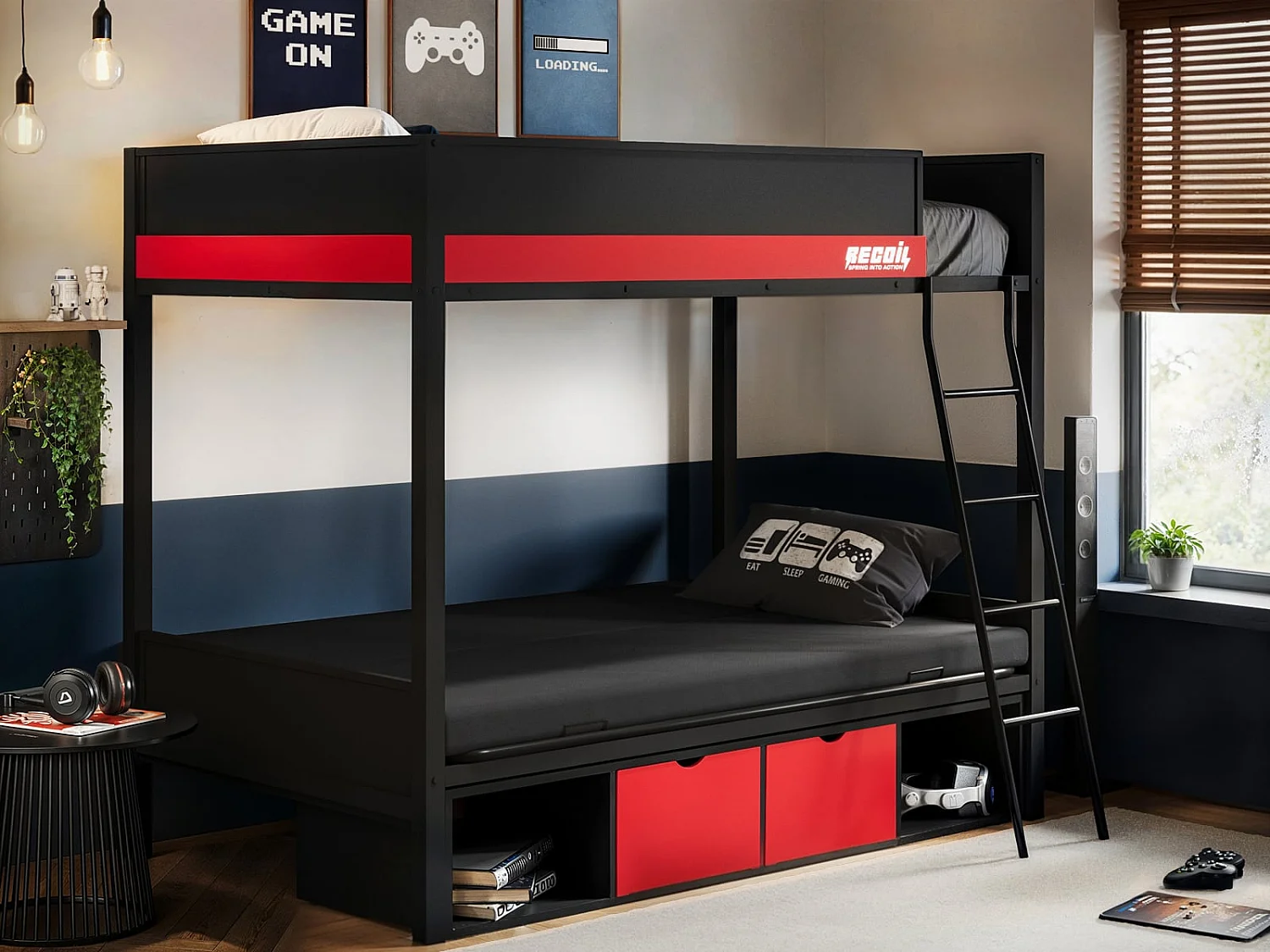 Flair Nova Storage Gaming Metal Bunk with Futon Black & Red