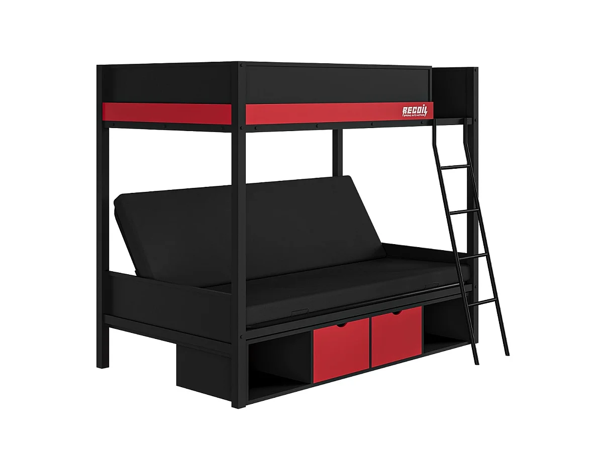 Flair Nova Storage Gaming Metal Bunk with Futon Black & Red