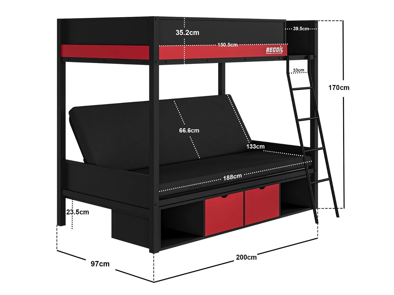 Flair Nova Storage Gaming Metal Bunk with Futon Black & Red