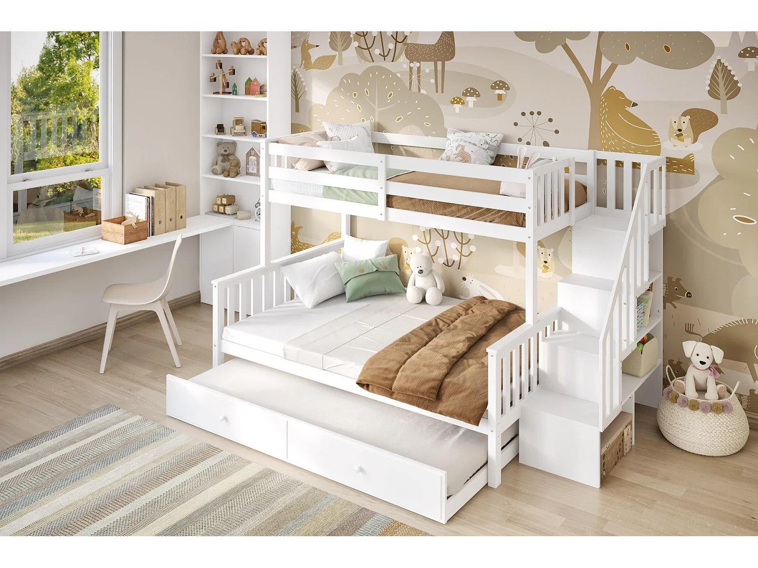 Flair Tag Triple Staircase Bunk Bed with Trundle White