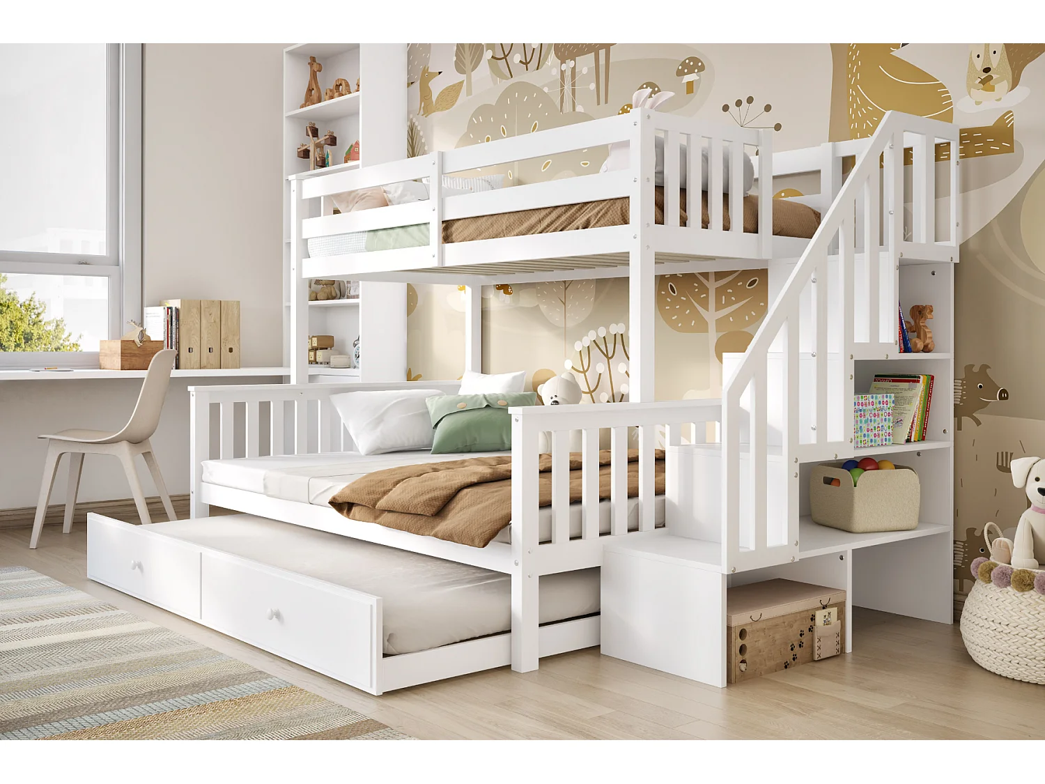 Flair Tag Triple Staircase Bunk Bed with Trundle White