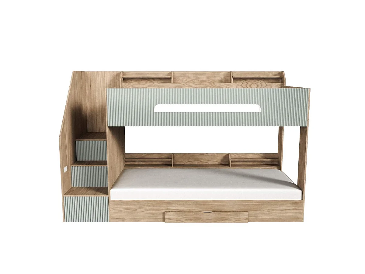 Flair Finn Staircase Bunk Bed with Storage Oak & Green