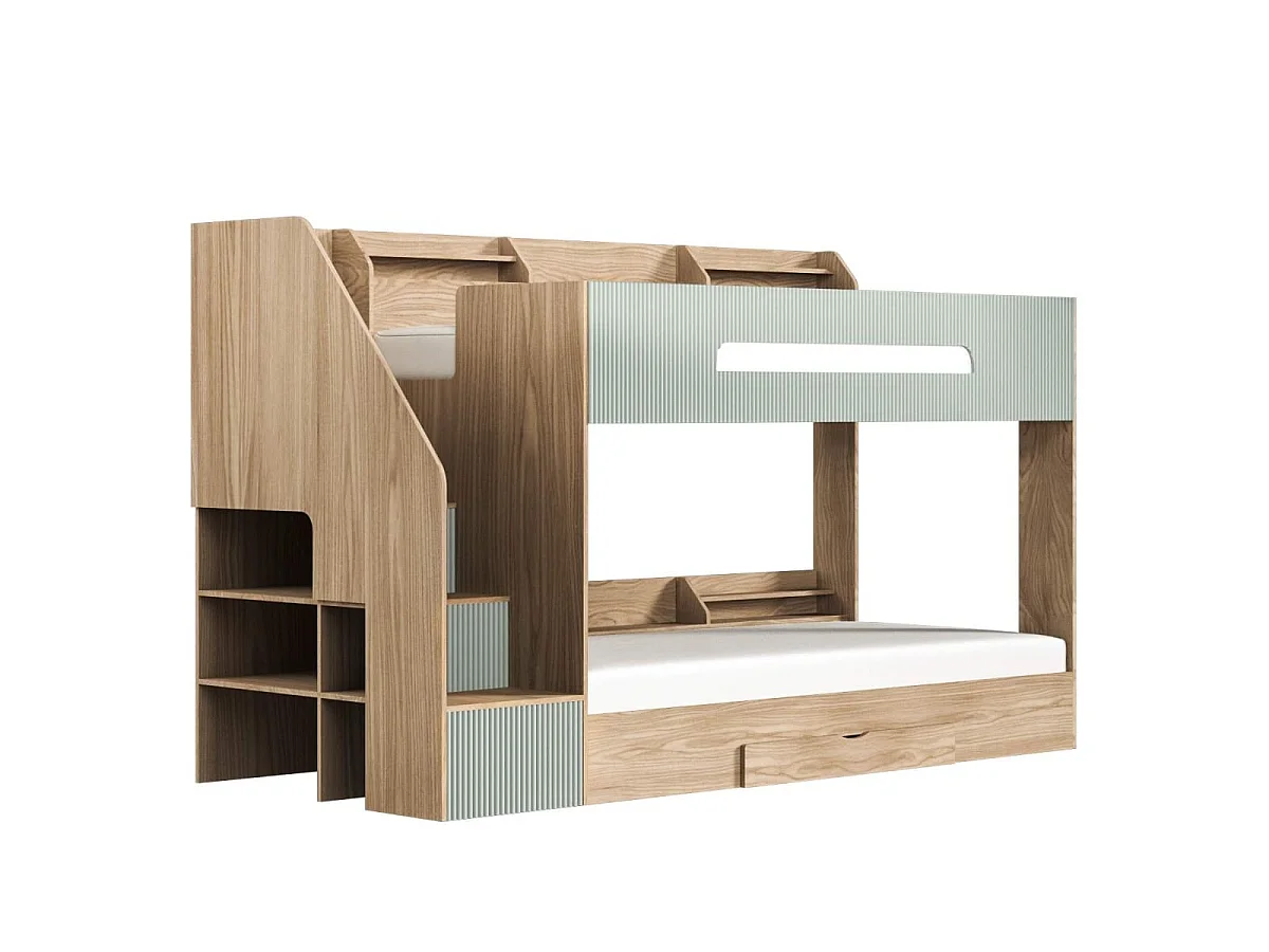 Flair Finn Staircase Bunk Bed with Storage Oak & Green