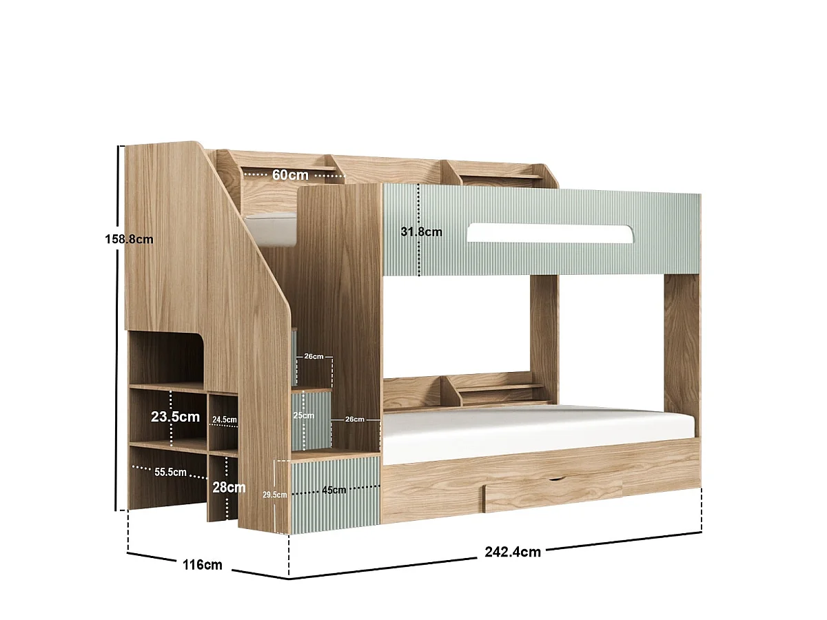 Flair Finn Staircase Bunk Bed with Storage Oak & Green