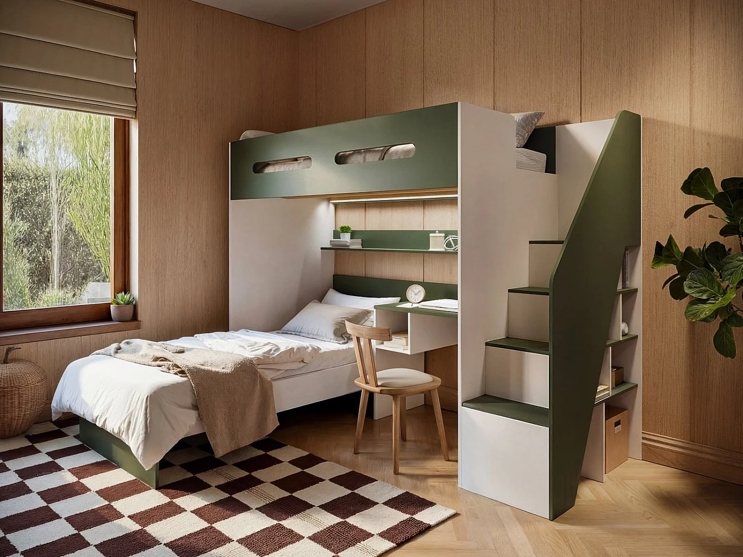 Flair Alpha Bunk Bed with LED Beige and Green