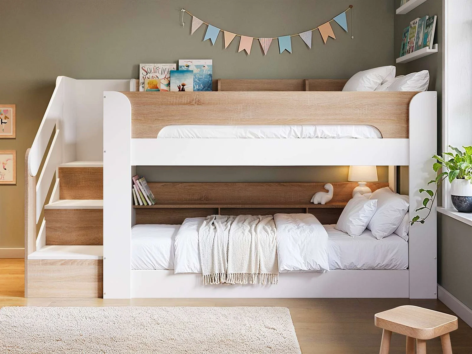 Flair Zeno Staircase Low Bunk with Storage White & Oak