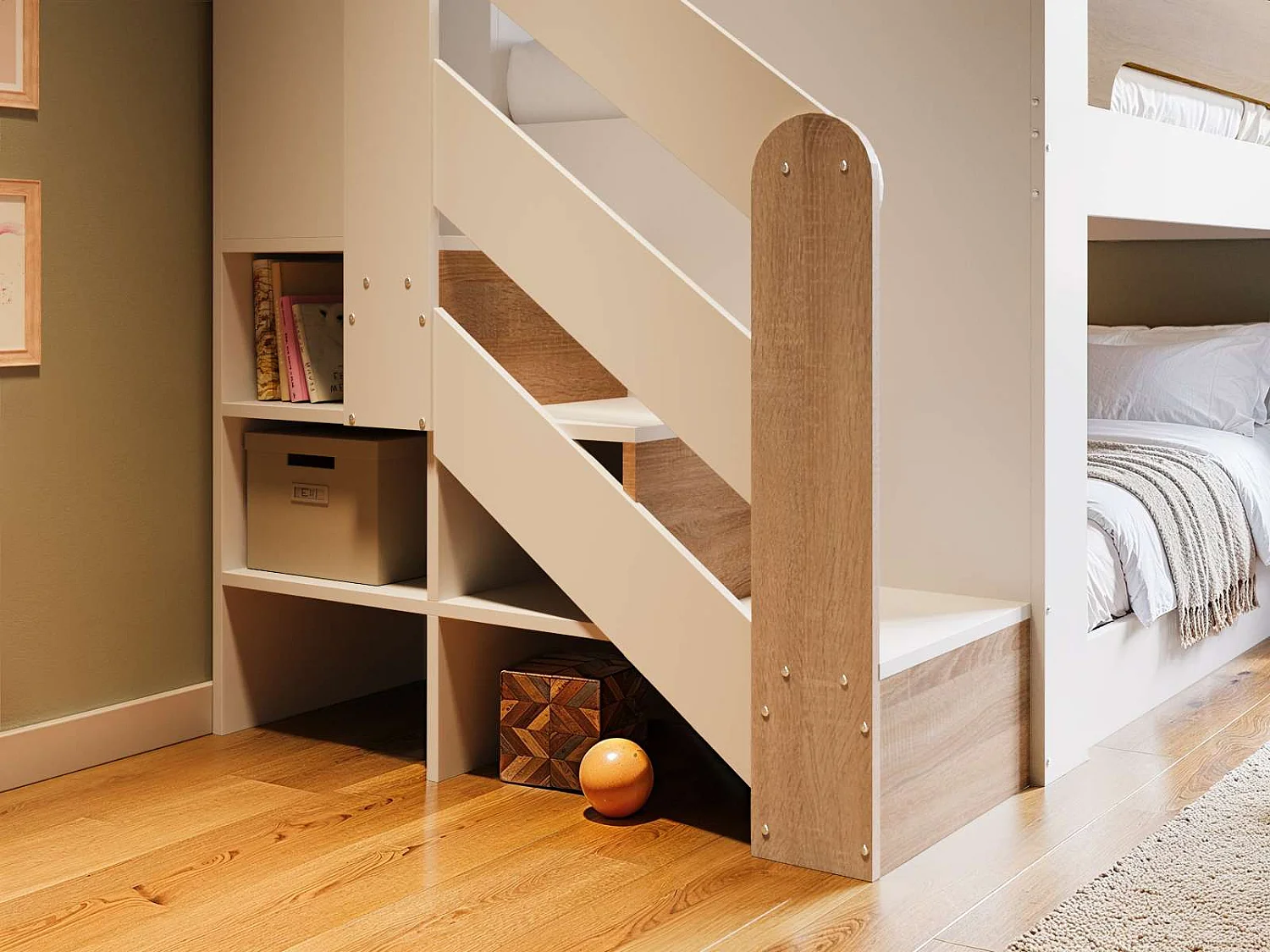 Flair Zeno Staircase Low Bunk with Storage White & Oak