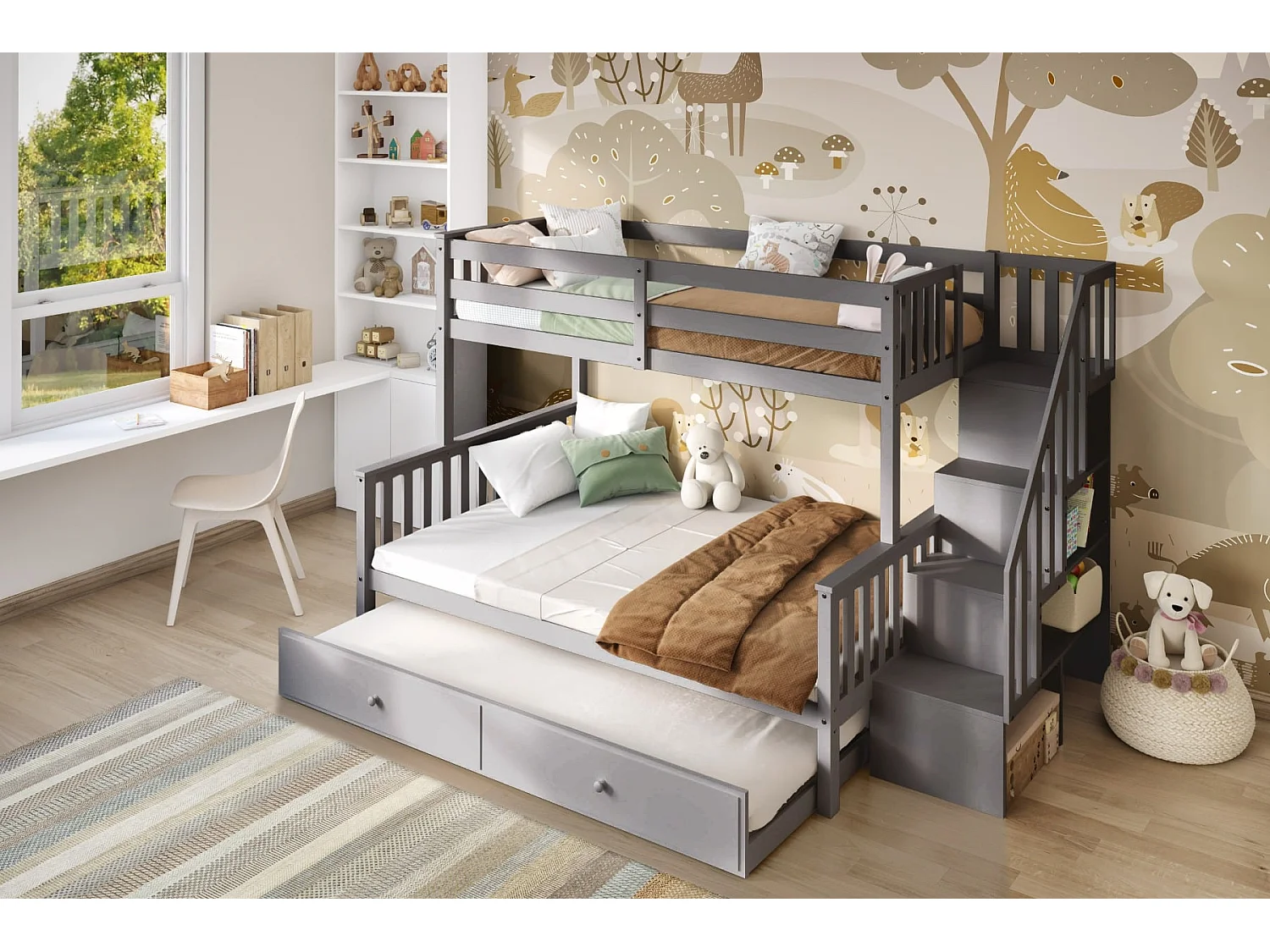 Flair Tag Triple Staircase Bunk Bed with Trundle Grey