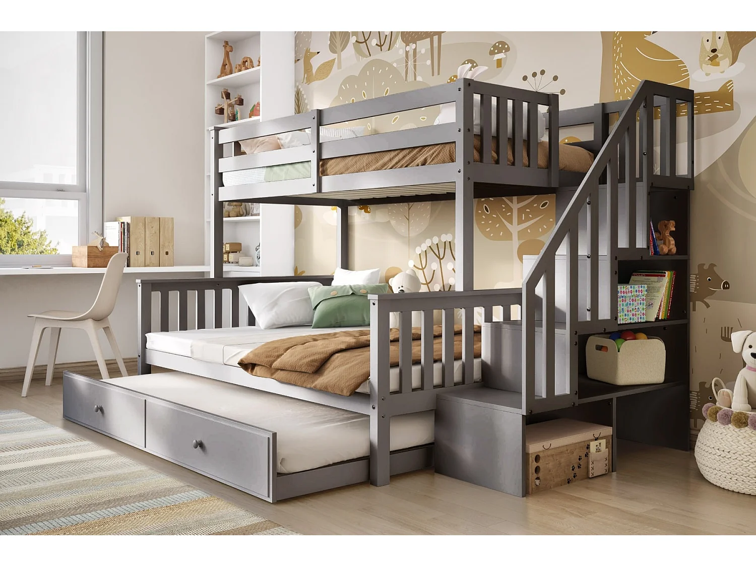 Flair Tag Triple Staircase Bunk Bed with Trundle Grey
