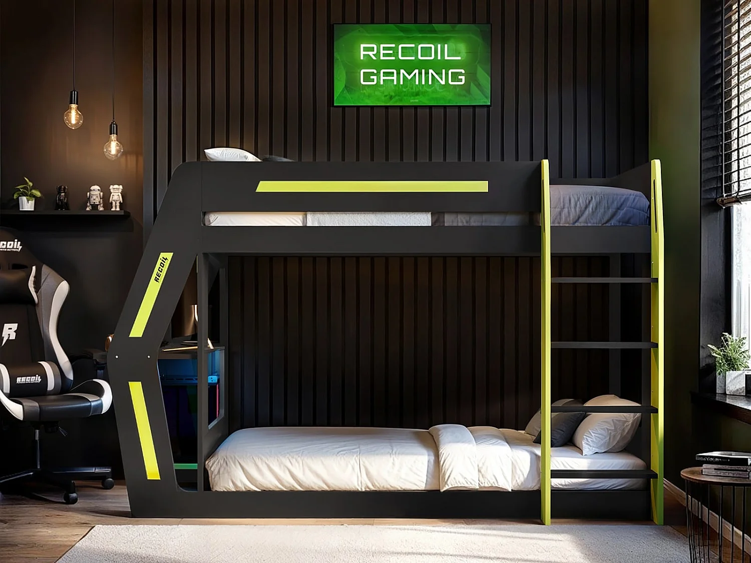 Recoil Alister Gaming Bunk Bed with Desk Charcoal & Green