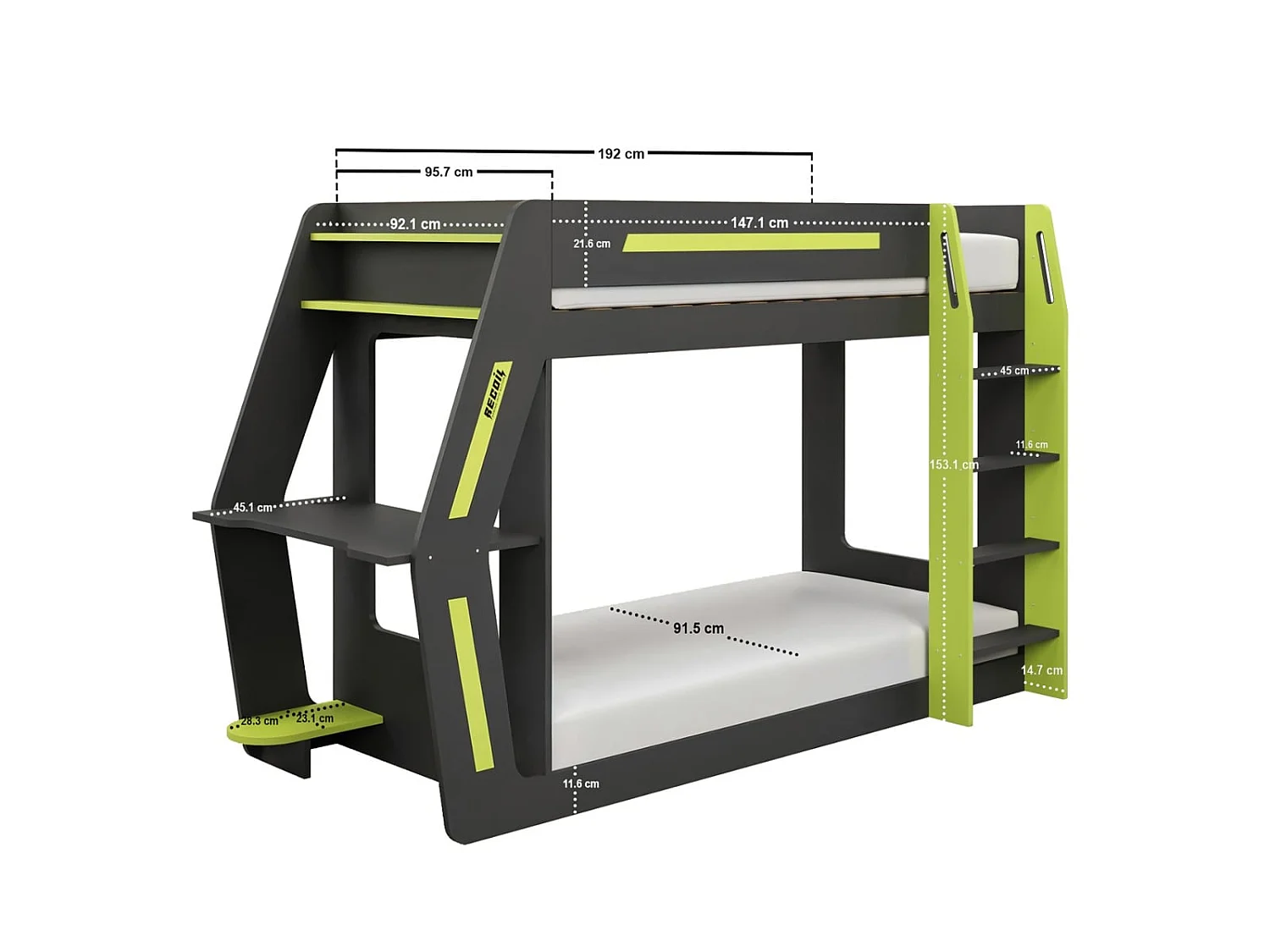 Recoil Alister Gaming Bunk Bed with Desk Charcoal & Green