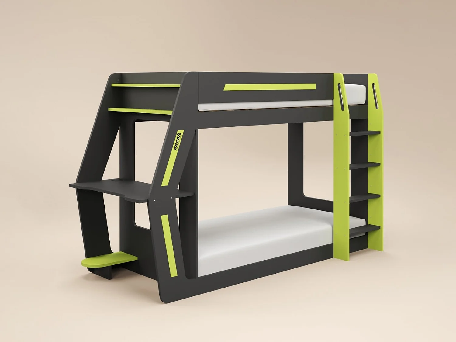 Recoil Alister Gaming Bunk Bed with Desk Charcoal & Green