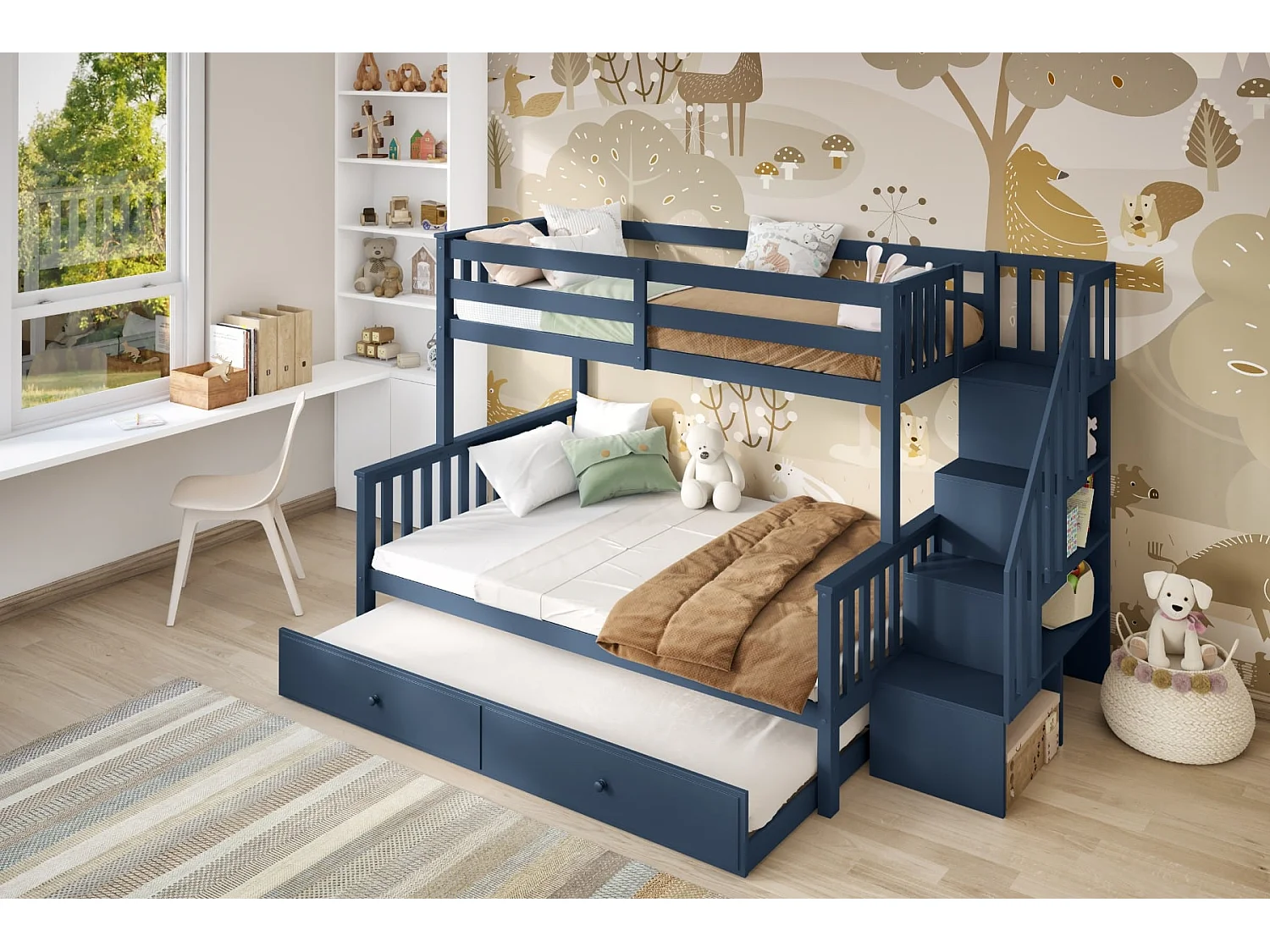 Flair Tag Triple Staircase Bunk Bed with Trundle Navy