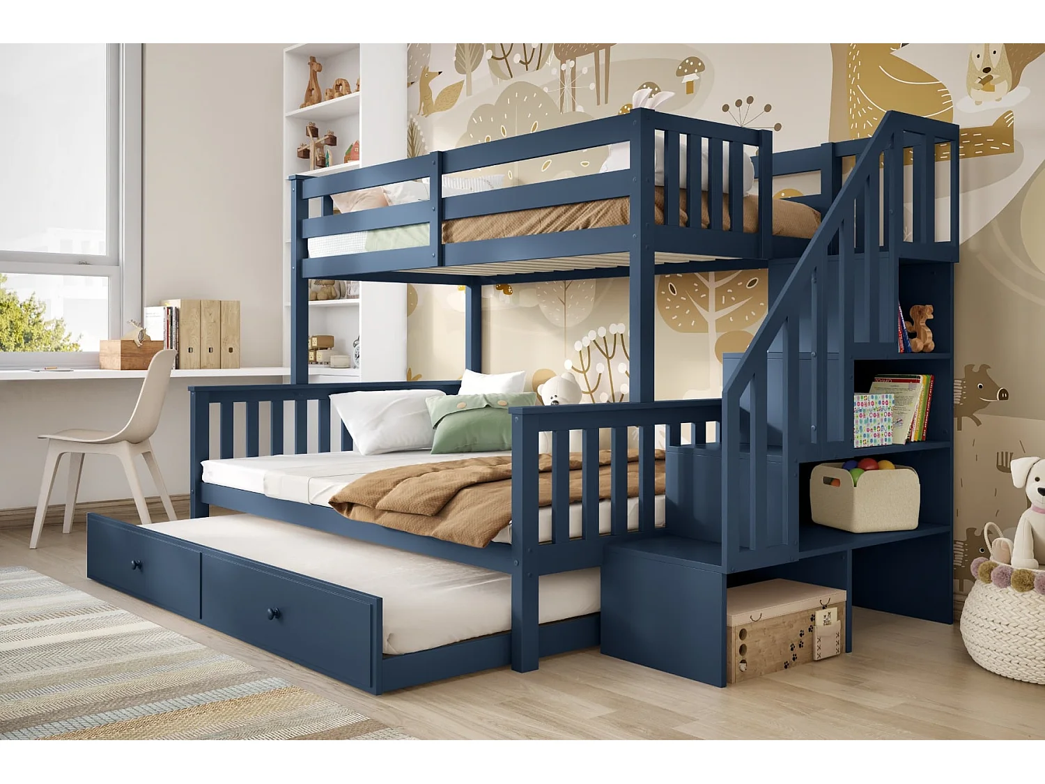 Flair Tag Triple Staircase Bunk Bed with Trundle Navy