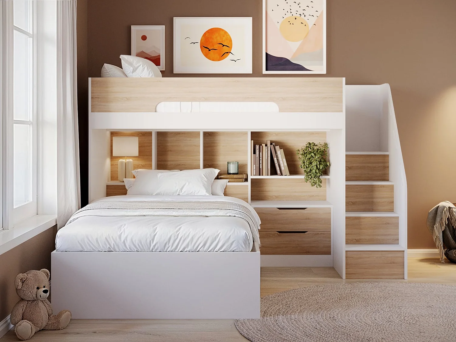 Flair Greyson Staircase Triple Bunk Bed with Storage White & Oak