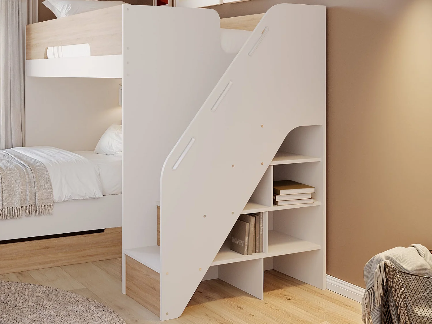 Flair Greyson Staircase Triple Bunk Bed with Storage White & Oak