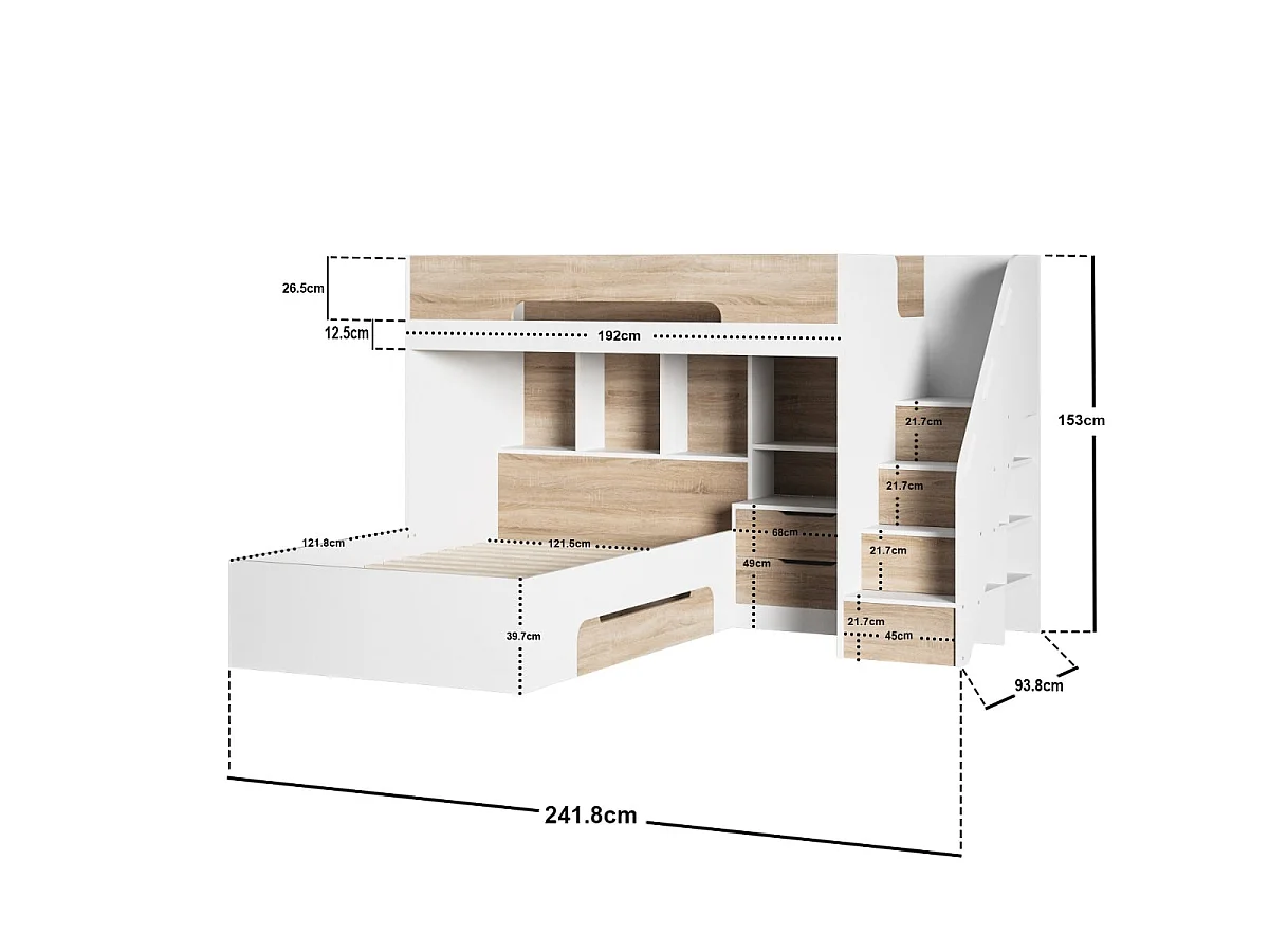 Flair Greyson Staircase Triple Bunk Bed with Storage White & Oak