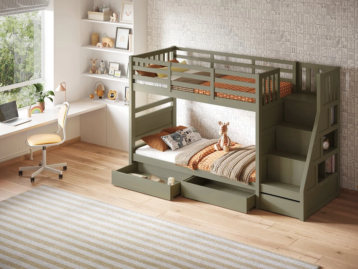 Flair Lunar Staircase Bunk Bed with Storage Olive Green