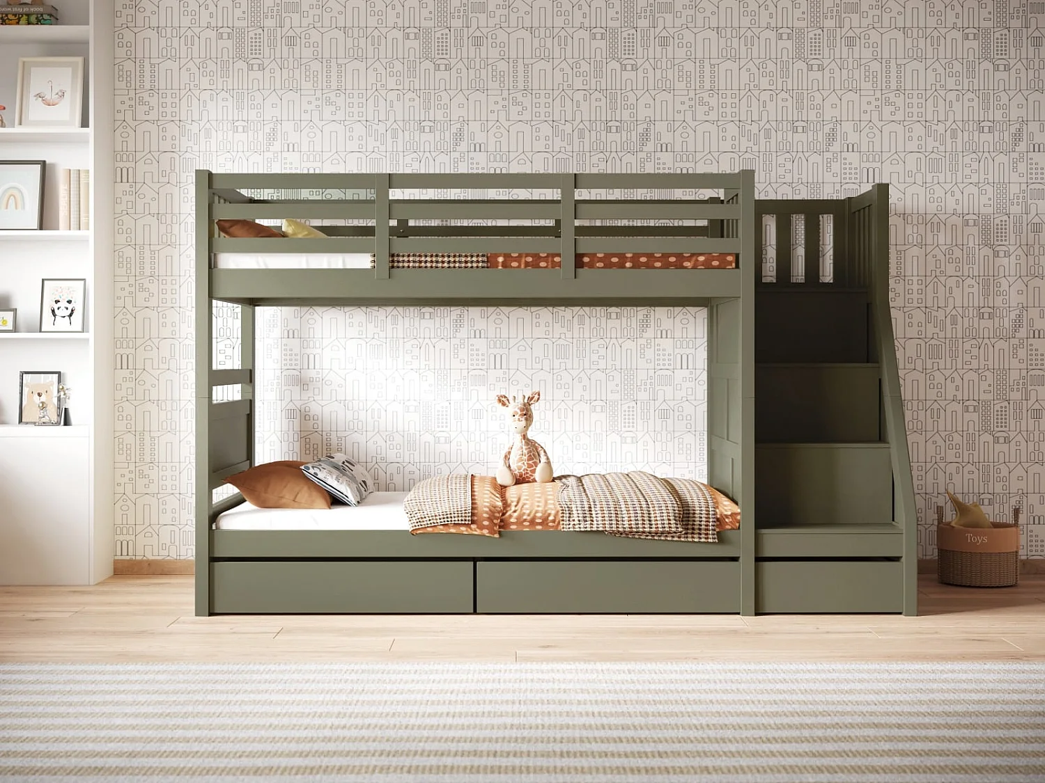 Flair Lunar Staircase Bunk Bed with Storage Olive Green