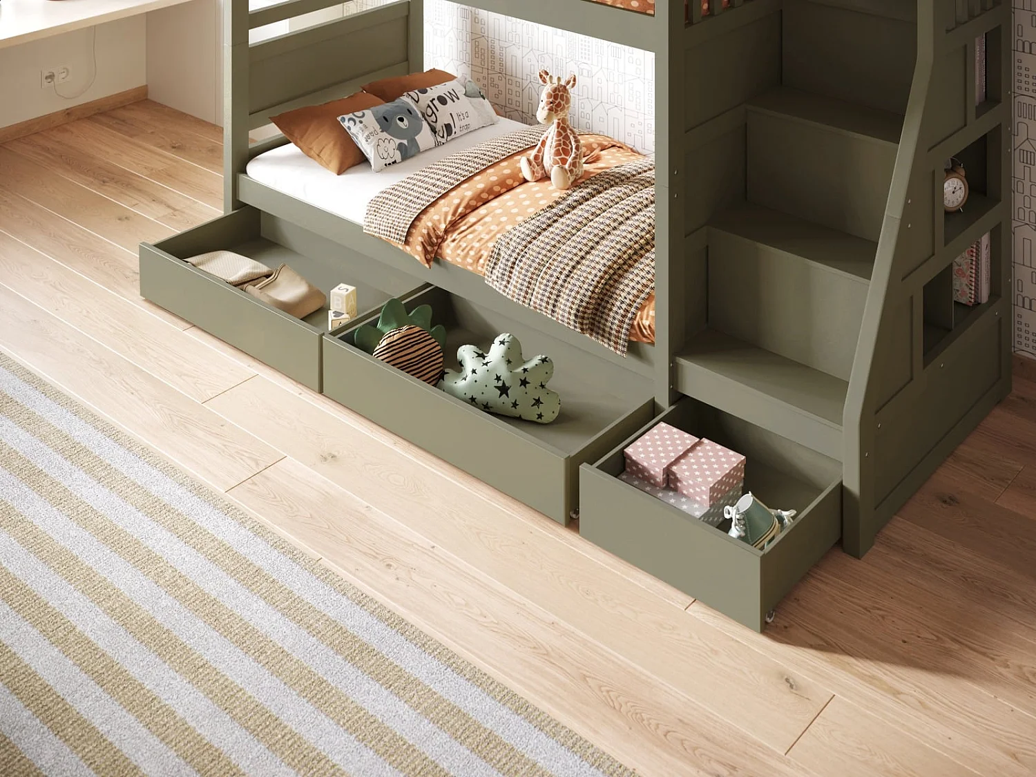 Flair Lunar Staircase Bunk Bed with Storage Olive Green