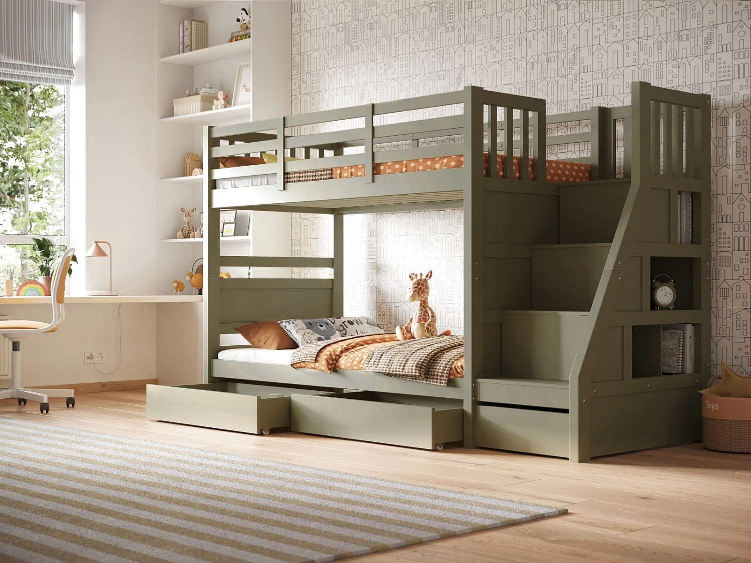 Flair Lunar Staircase Bunk Bed with Storage Olive Green