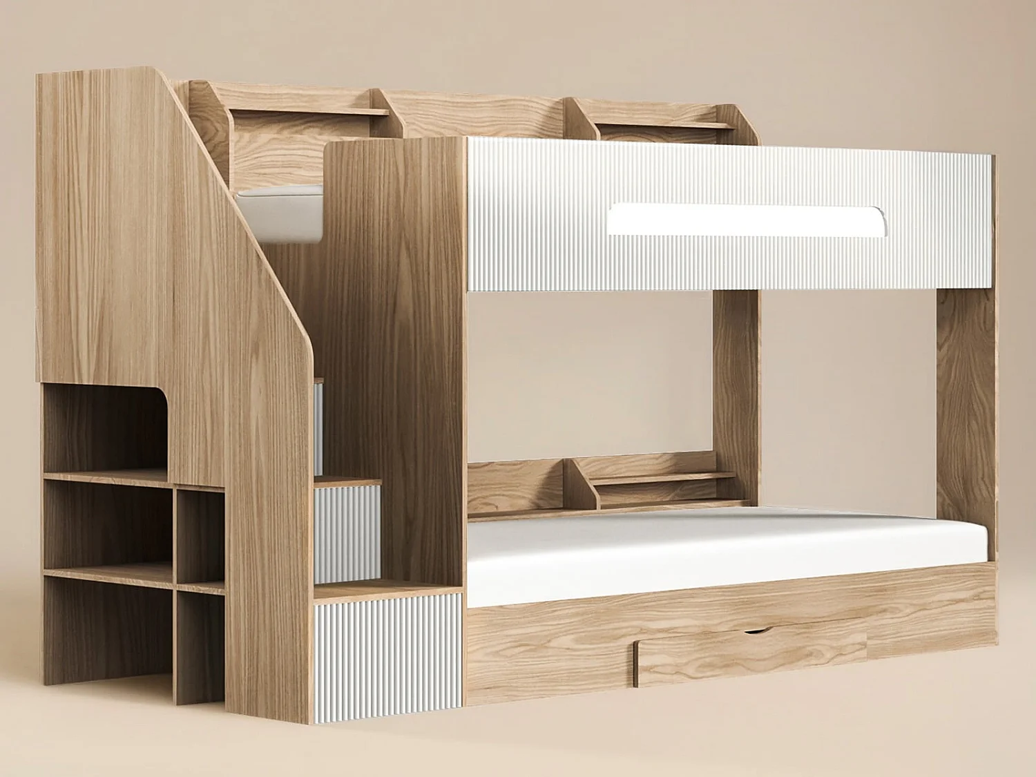 Flair Finn Staircase Bunk Bed with Storage Oak & White