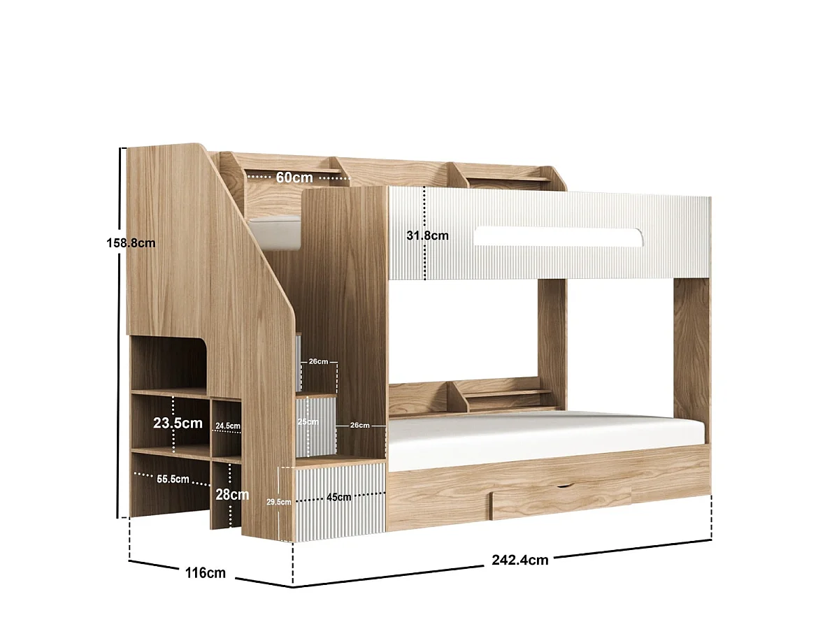 Flair Finn Staircase Bunk Bed with Storage Oak & White