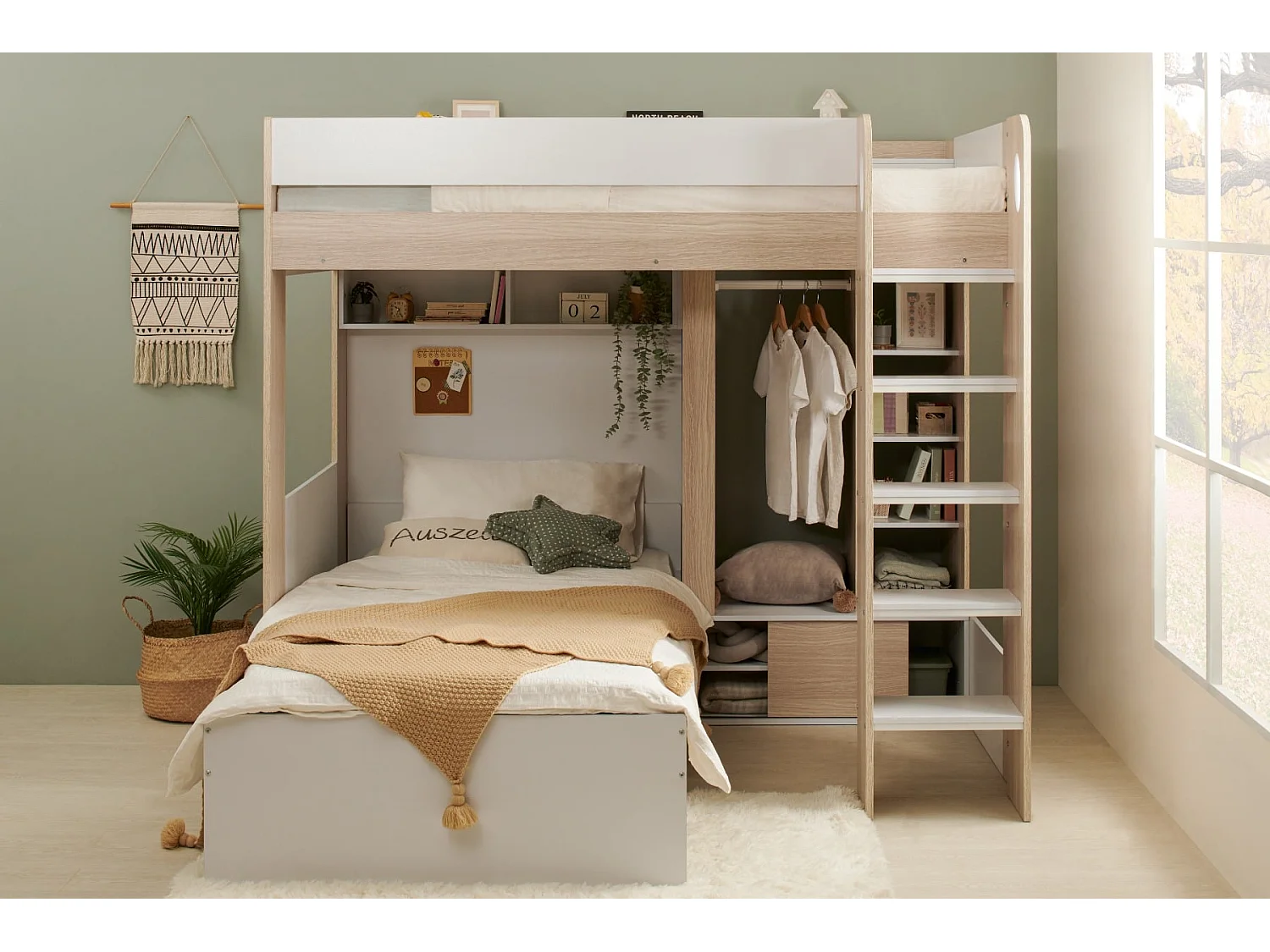 Flair Hampton L Shape Bunk Bed with Wardrobe White & Oak