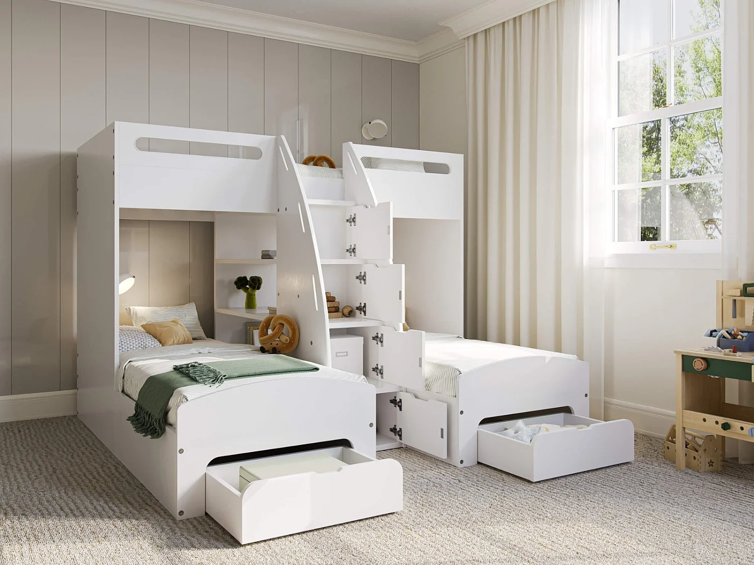 Flair Eddie Staircase Triple Bunk Bed with Storage White