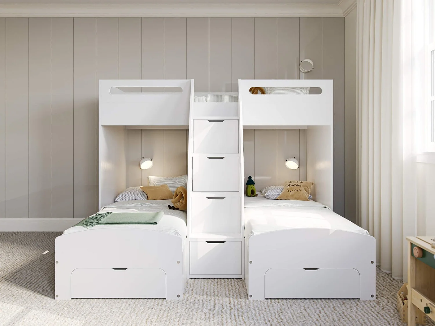 Flair Eddie Staircase Triple Bunk Bed with Storage White