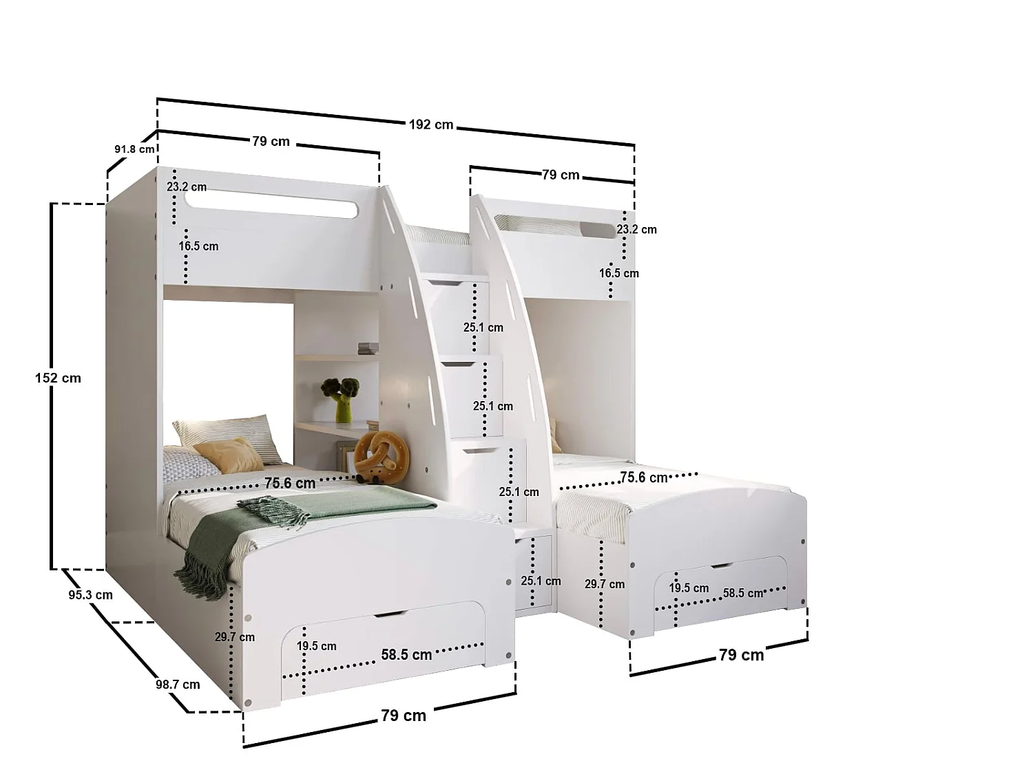 Flair Eddie Staircase Triple Bunk Bed with Storage White
