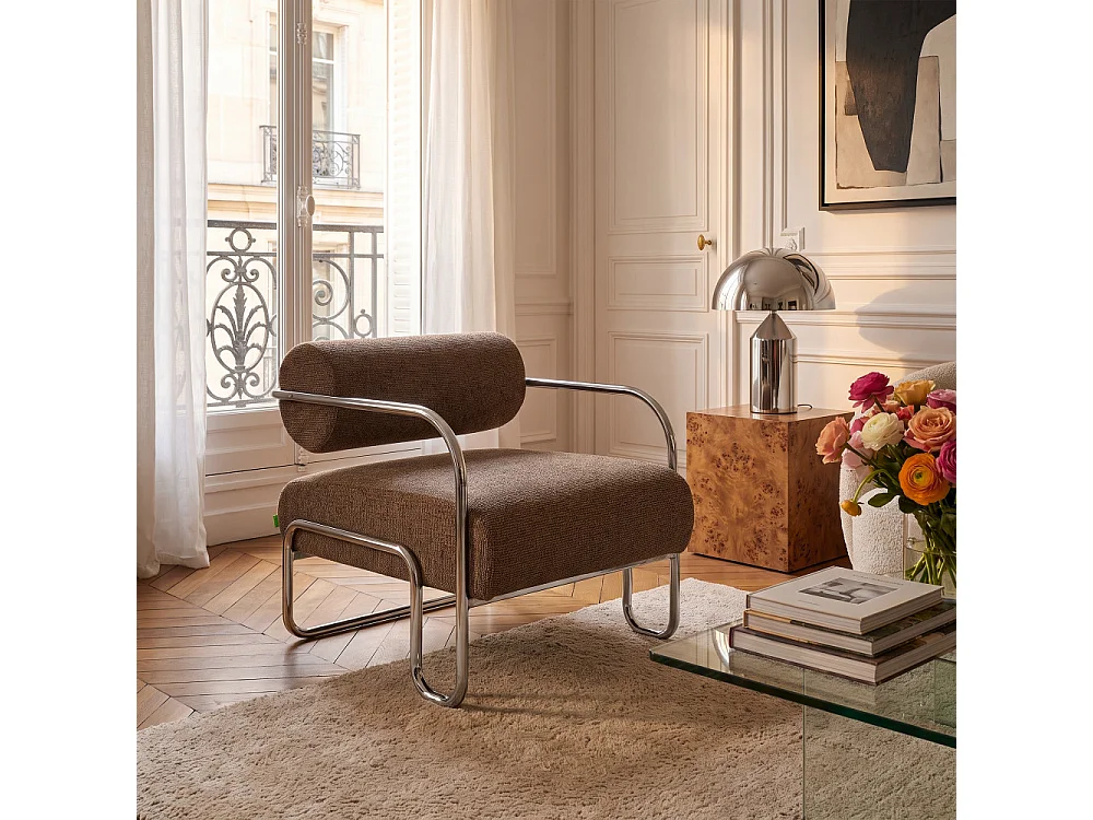 Emil - Fauteuil en tissu pieds chrome - Marron