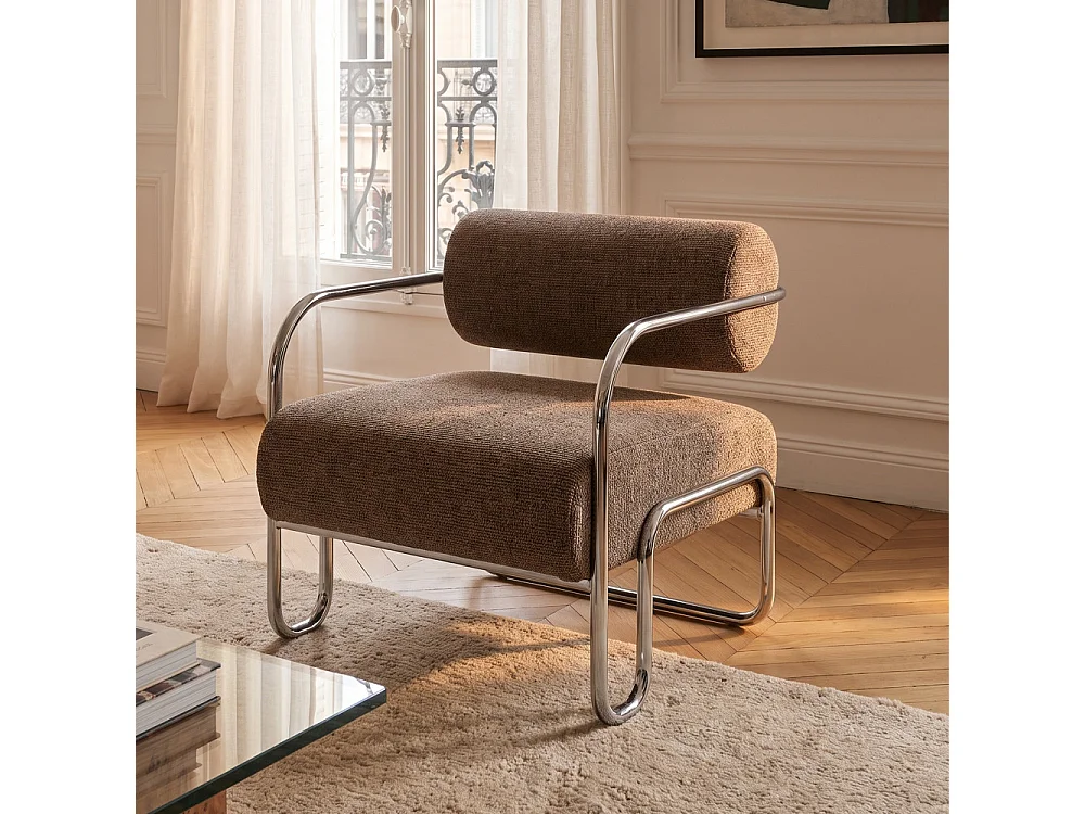 Emil - Fauteuil en tissu pieds chrome - Marron