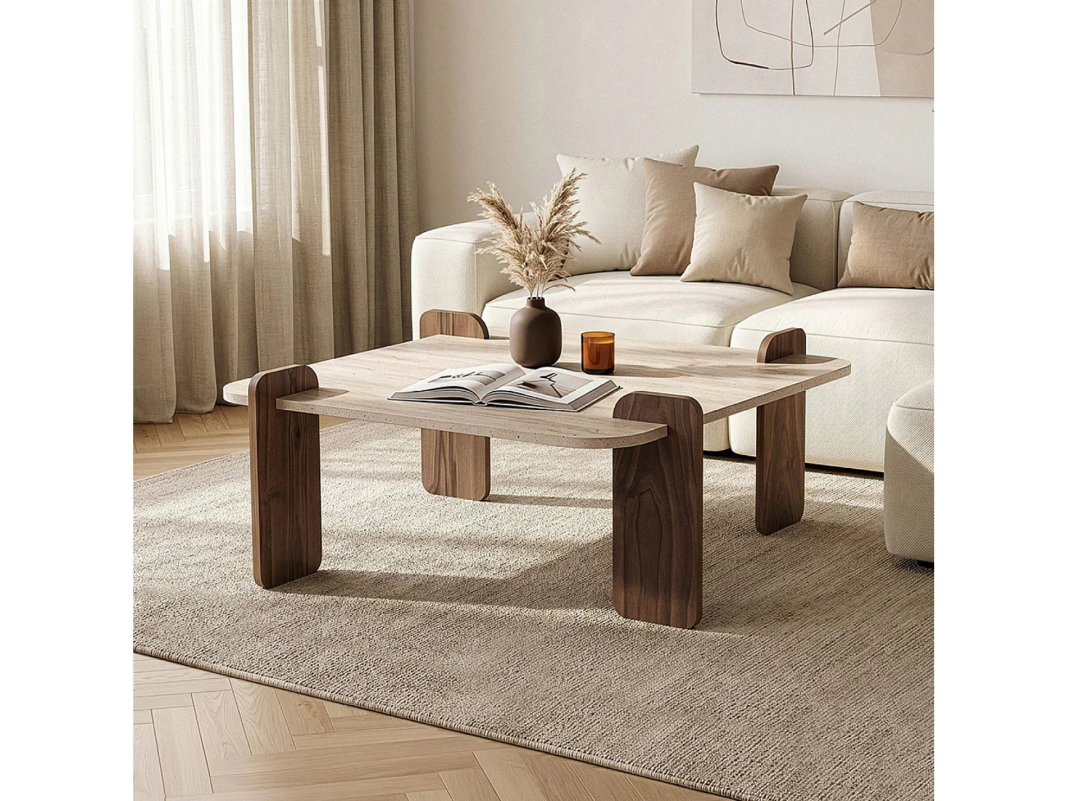 Table basse carrée effet travertin et noyer 90x90cm TASI