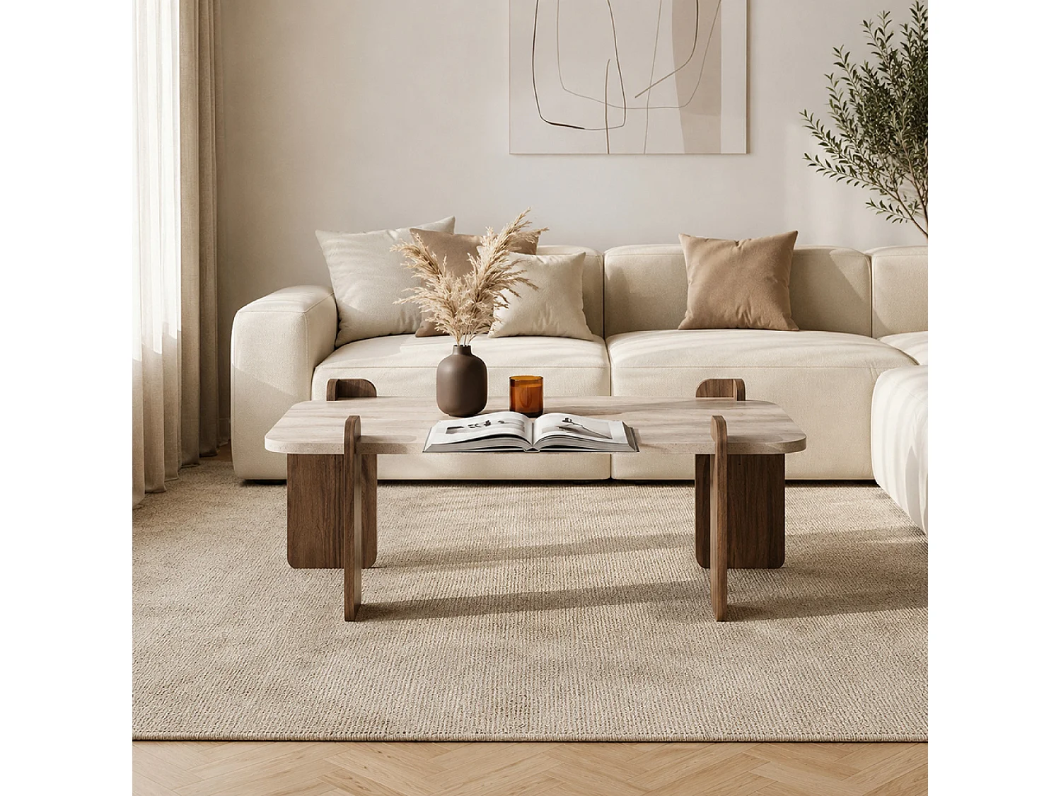 Table basse carrée effet travertin et noyer 90x90cm TASI