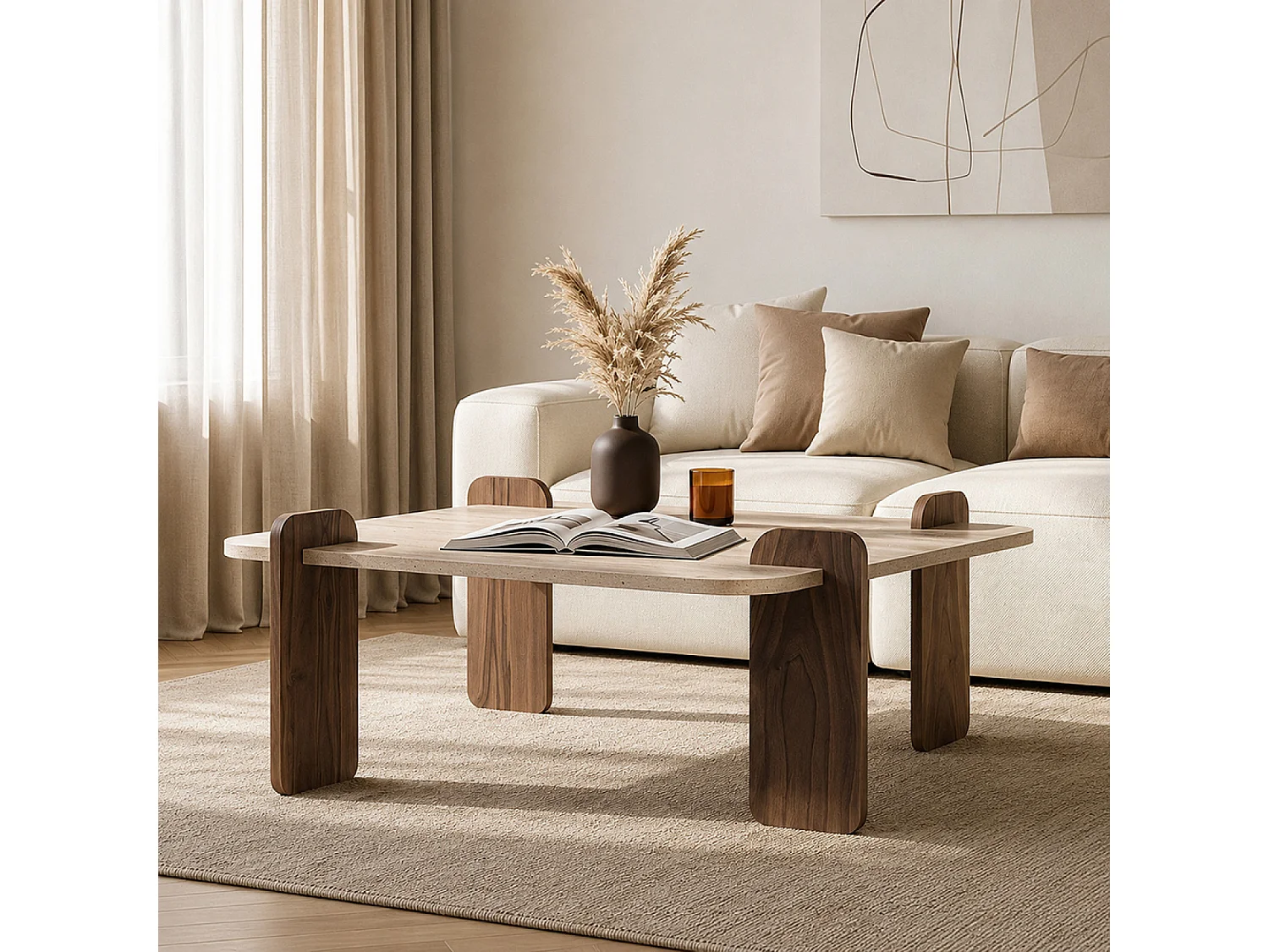 Table basse carrée effet travertin et noyer 90x90cm TASI