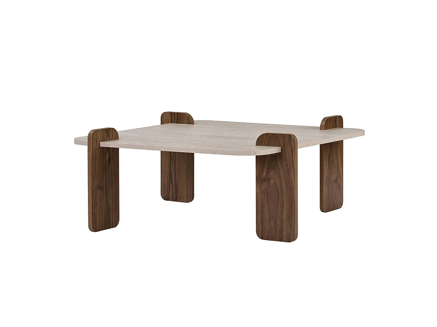Vierkante travertijn en walnoot salontafel 90x90cm TASI met opbergruimte