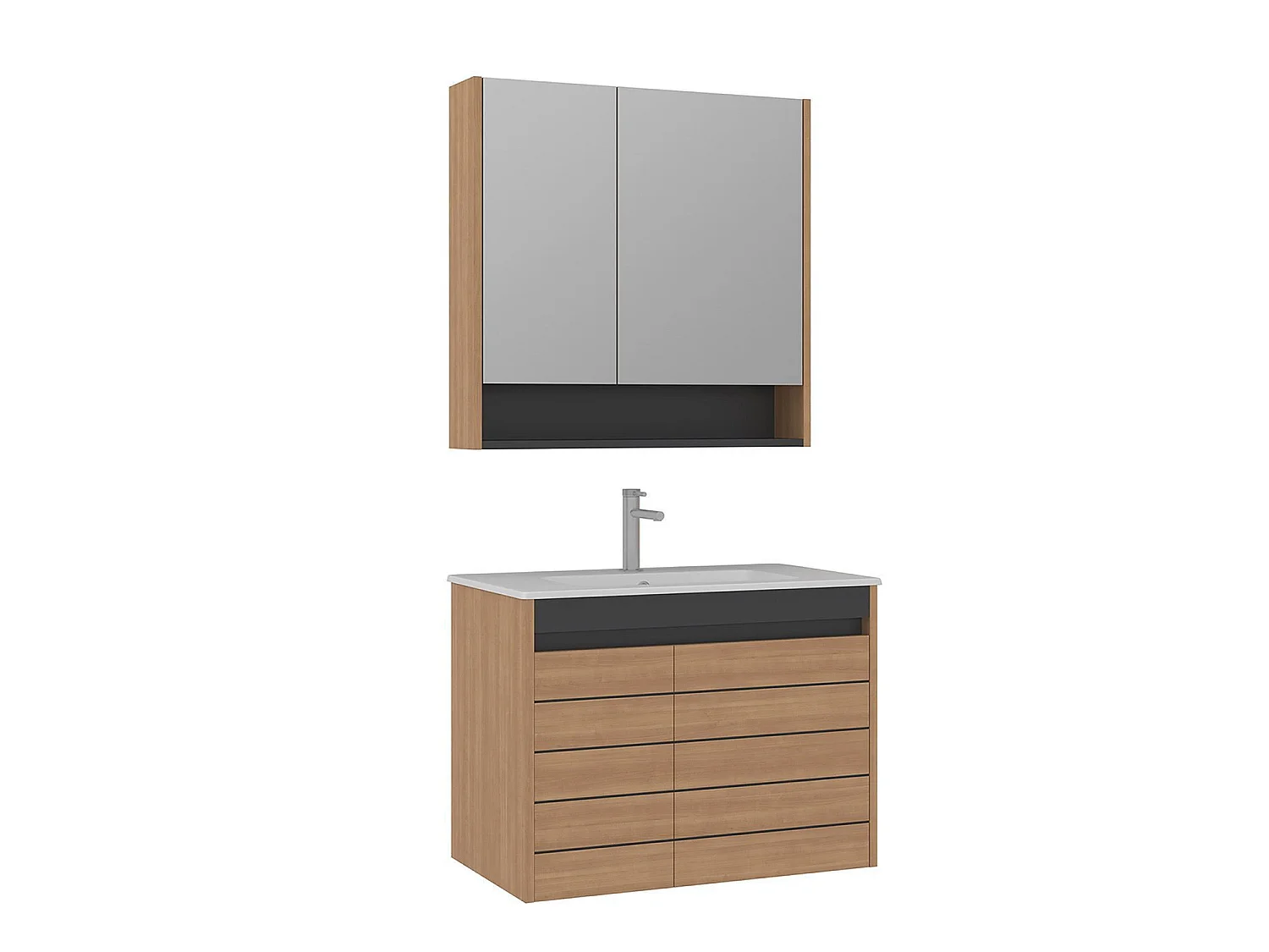 Wastafelmeubel met spiegel (2-delig) "Ricato 80" - 81 x 47 x 62 cm - Eiken