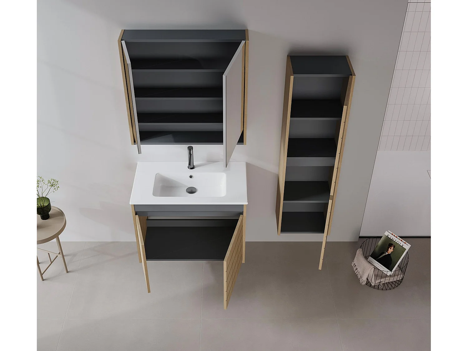 Wastafelmeubel met spiegel (2-delig) "Ricato 80" - 81 x 47 x 62 cm - Eiken