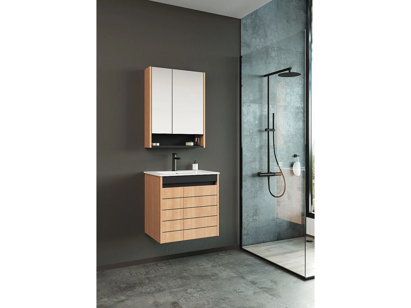 Wastafelmeubel met spiegel (2-delig) "Ricato 60" - 61 x 47 x 62 cm - eiken