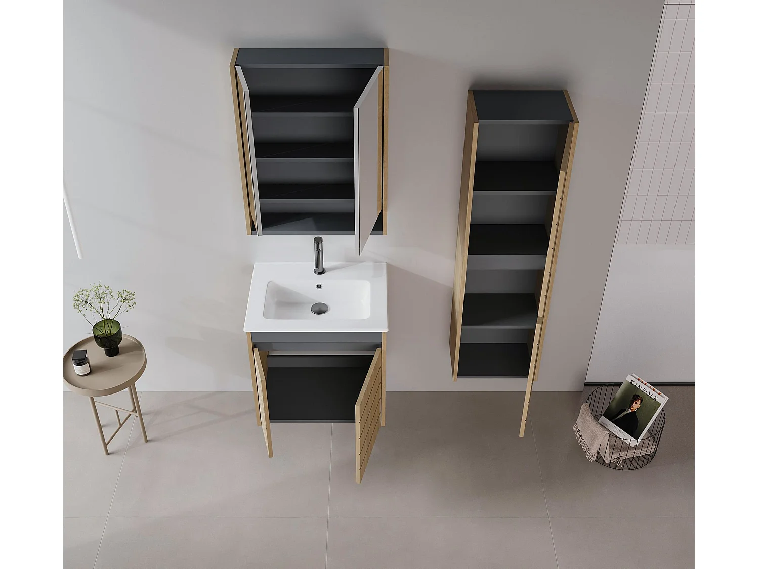 Wastafelmeubel met spiegel (2-delig) "Ricato 60" - 61 x 47 x 62 cm - eiken