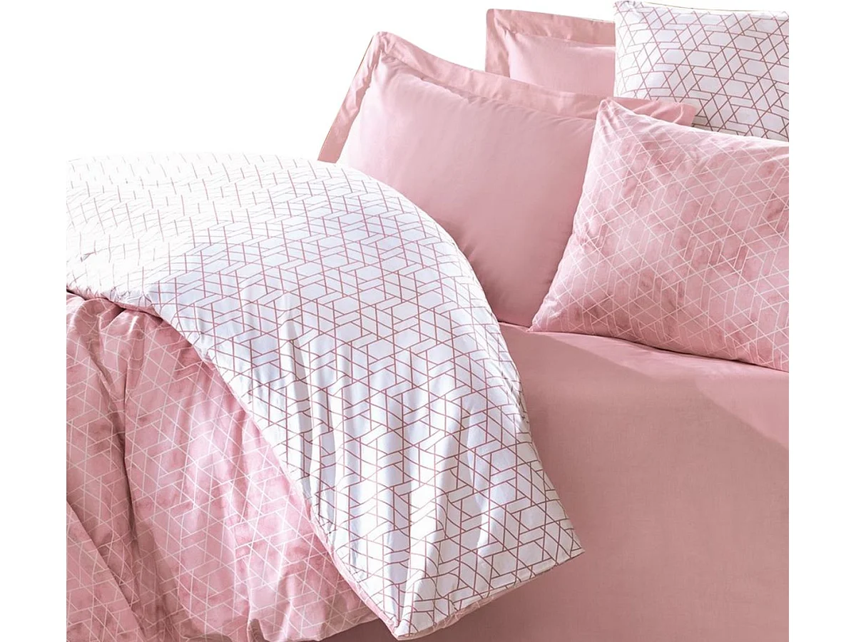 Parure de couette réversible Mansion 140x200 cm avec 2 taies 60x60 cm - 100% coton ranforce, rose