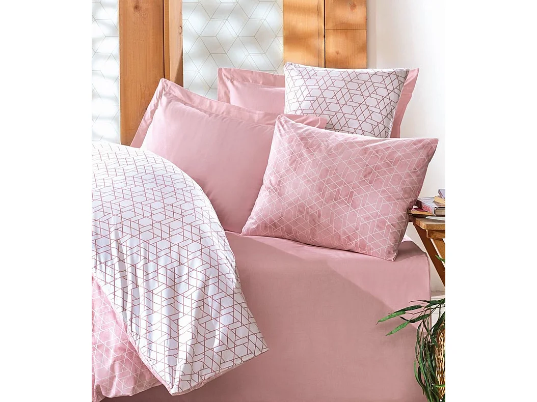Parure de couette réversible Mansion 140x200 cm avec 2 taies 60x60 cm - 100% coton ranforce, rose