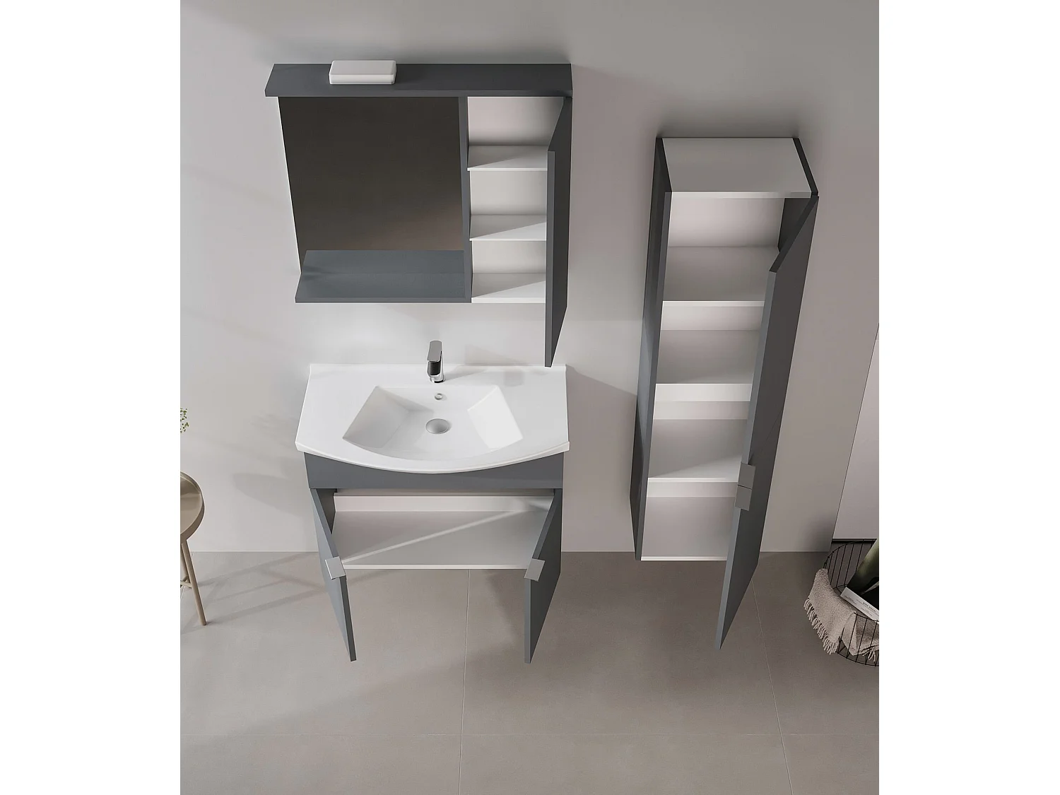 Badkamermeubel met spiegel "Purus 80" - 75 x 18 x 68 cm - Mat antraciet